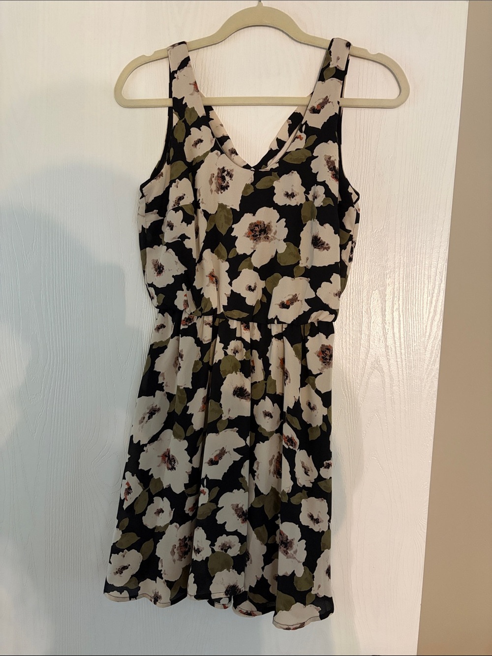 Lush Black Floral V-Neck Mini Dress with Cream Flowers